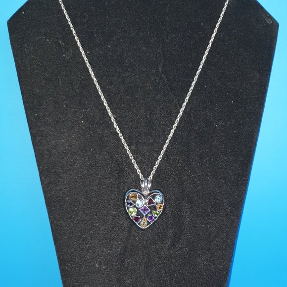 Vintage High Quality Sterling Silver Natural Multi-Gem Heart Pendant Necklace - Picture 12 of 13
